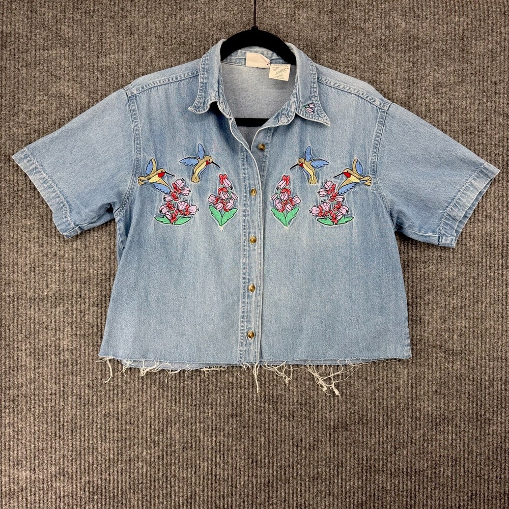Vintage embroidered hummingbird denim crop shirt raw hem boxy button up Small